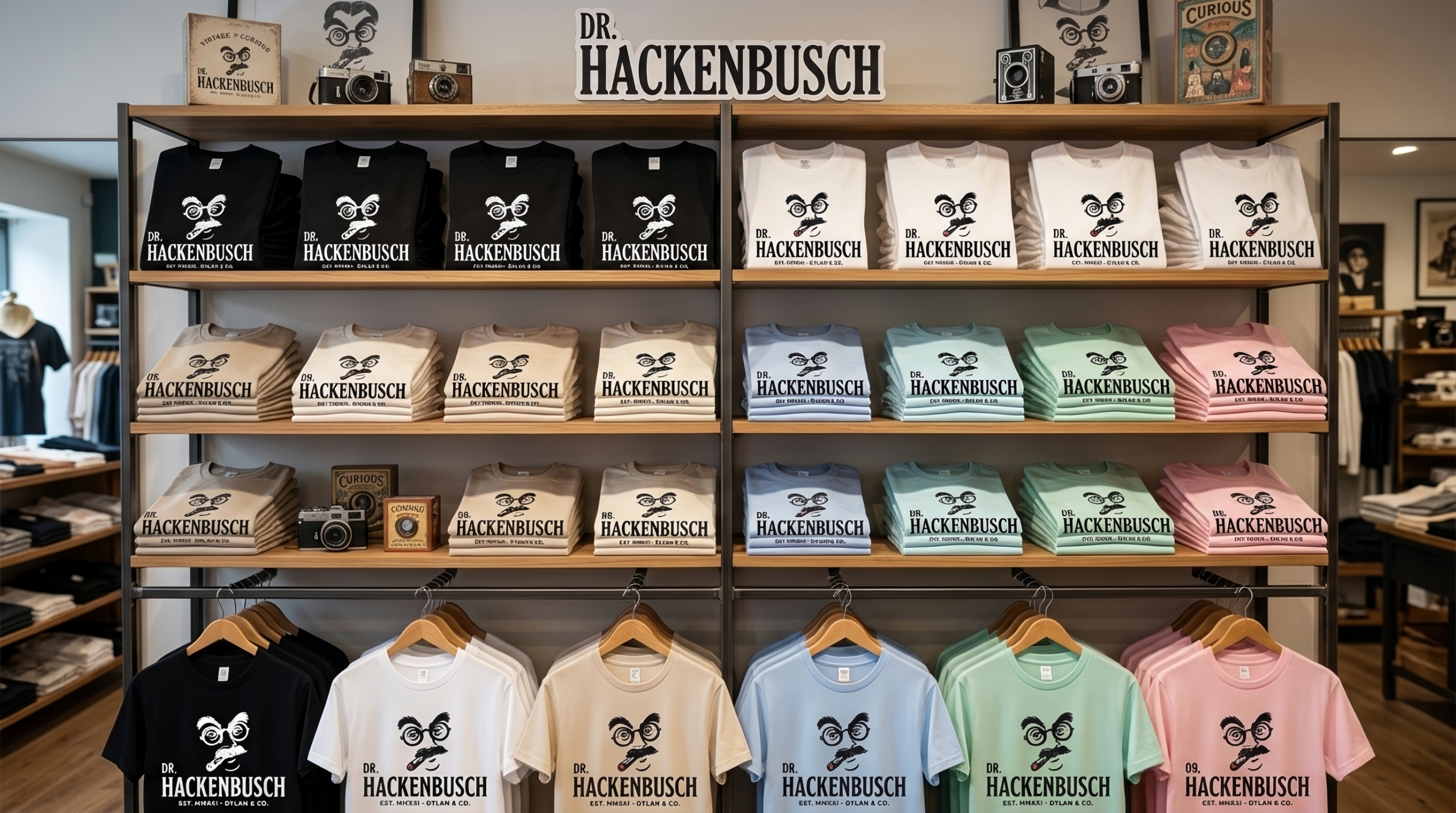 estanteria de tienda concamisetas de colores dr hack tienda